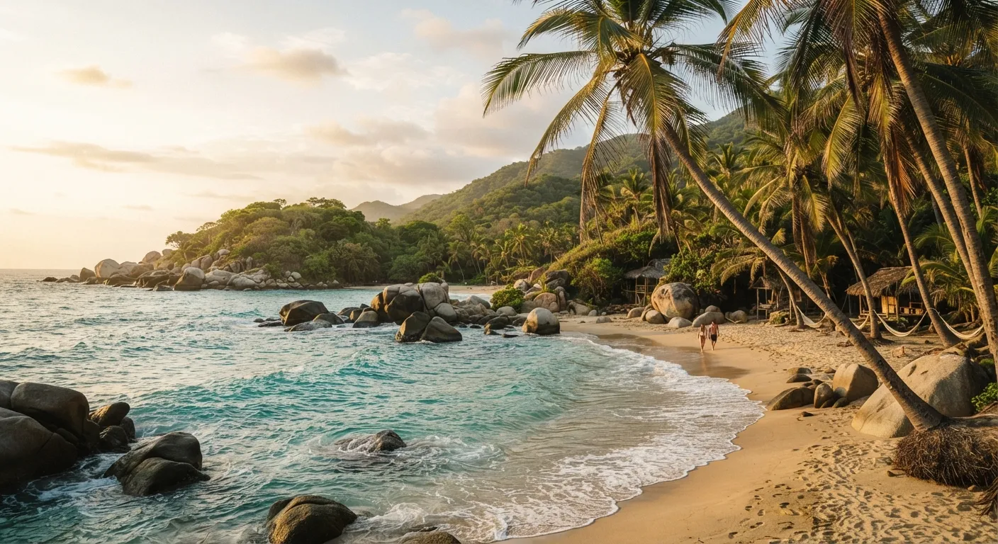 Playa del Parque Tayrona con palmeras y rocas al atardecer